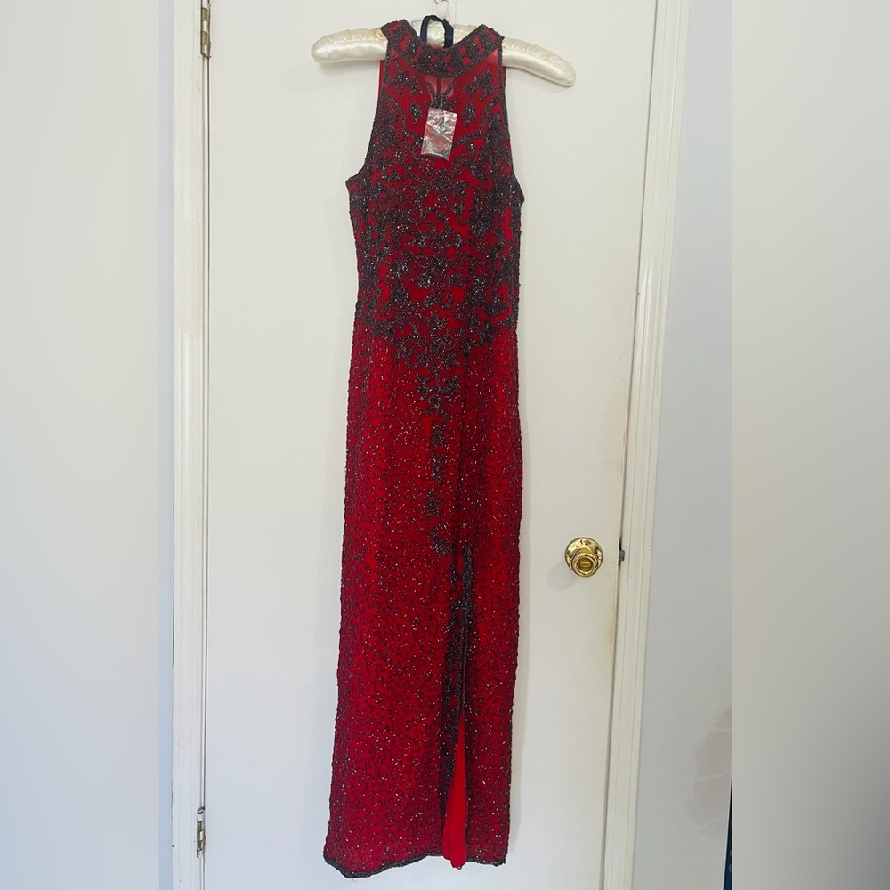Elegant Red and Black Beaded Maxi Dress